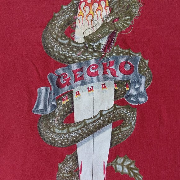 Vintage Gecko Hawaii Youth Size Red Graphic Dragon & Surfing Board T-Shirt Y-L - Picture 4 of 8